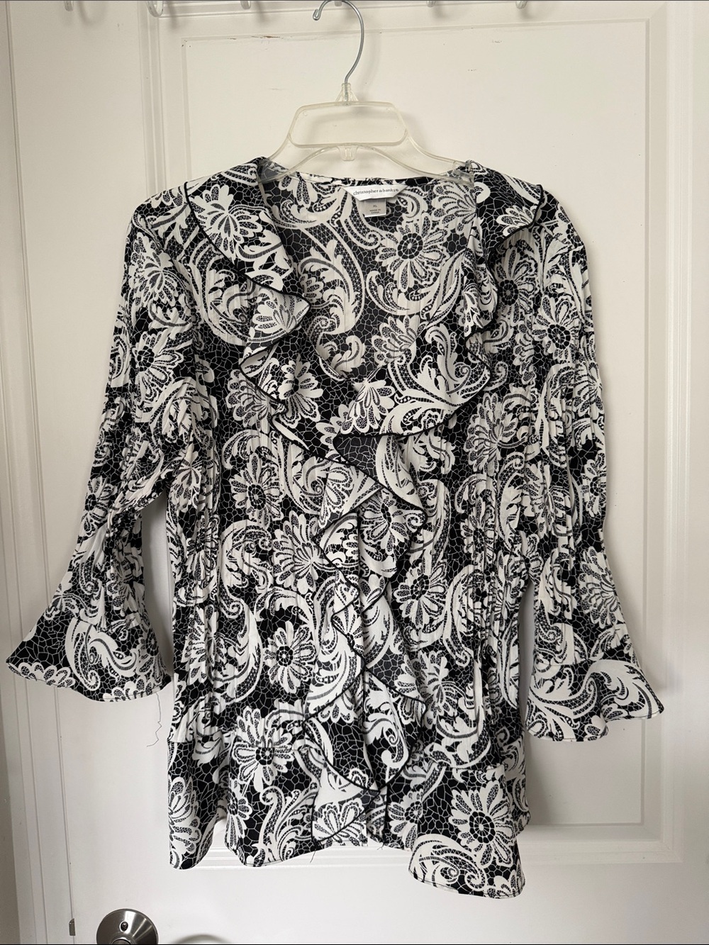 Christopher & Banks Black and White Floral Ruffle Front Long Sleeve Dress